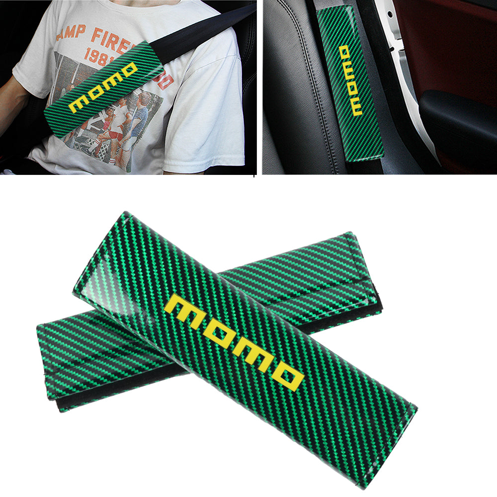 Brand New Universal 2PCS Momo Green Carbon Fiber Look Car Seat Belt Covers Shoulder Pad