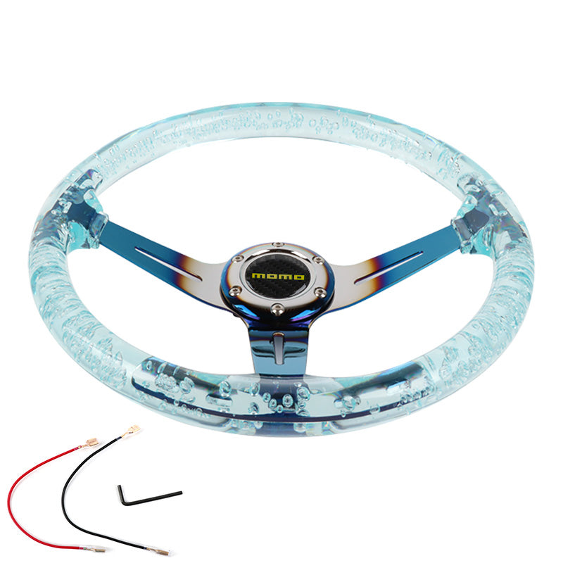 Brand New JDM Momo Universal 6-Hole 350mm Deep Dish Vip Teal Crystal Bubble Burnt Blue Spoke Steering Wheel