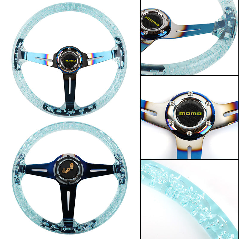 Brand New JDM Momo Universal 6-Hole 350mm Deep Dish Vip Teal Crystal Bubble Burnt Blue Spoke Steering Wheel