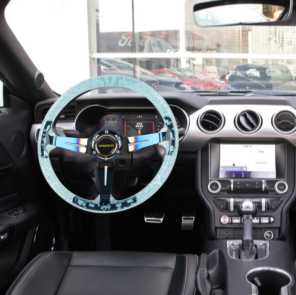 Brand New JDM Momo Universal 6-Hole 350mm Deep Dish Vip Teal Crystal Bubble Burnt Blue Spoke Steering Wheel