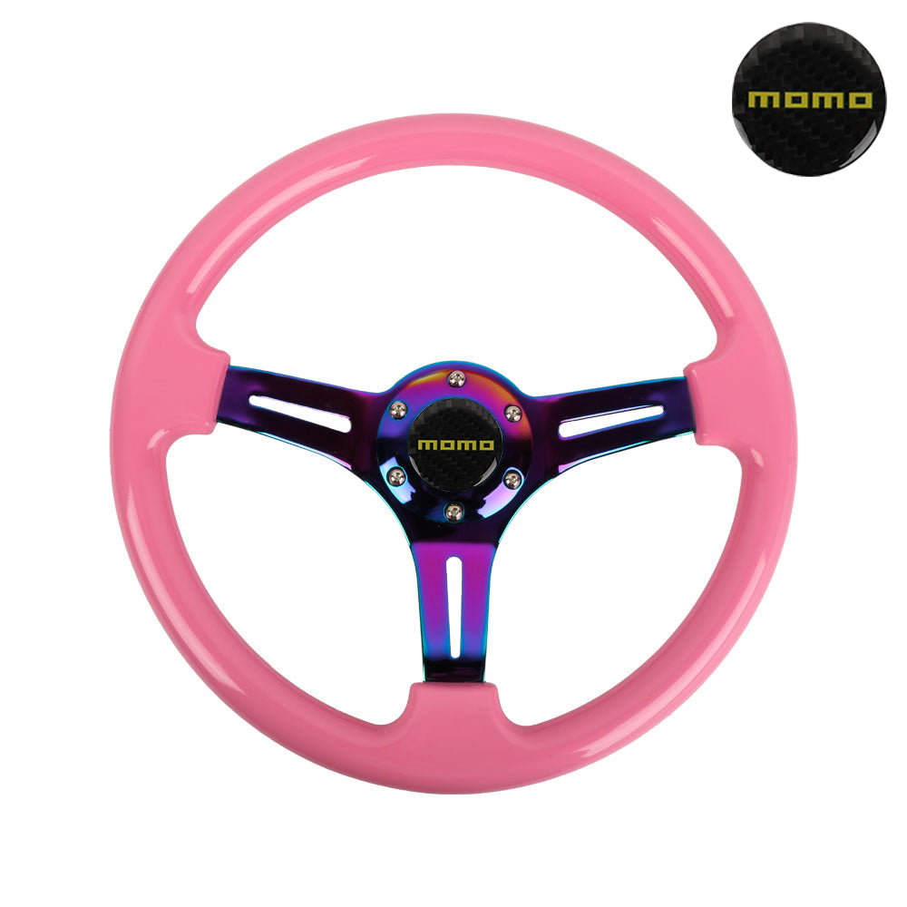 Brand New 350mm 14" Universal JDM MOMO Deep Dish ABS Racing Steering Wheel Pink With Neo-Chrome Spoke