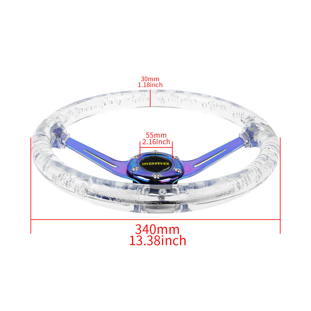 Brand New JDM Momo Universal 6-Hole 350mm Deep Dish Vip Clear Crystal Bubble Burnt Blue Spoke Steering Wheel
