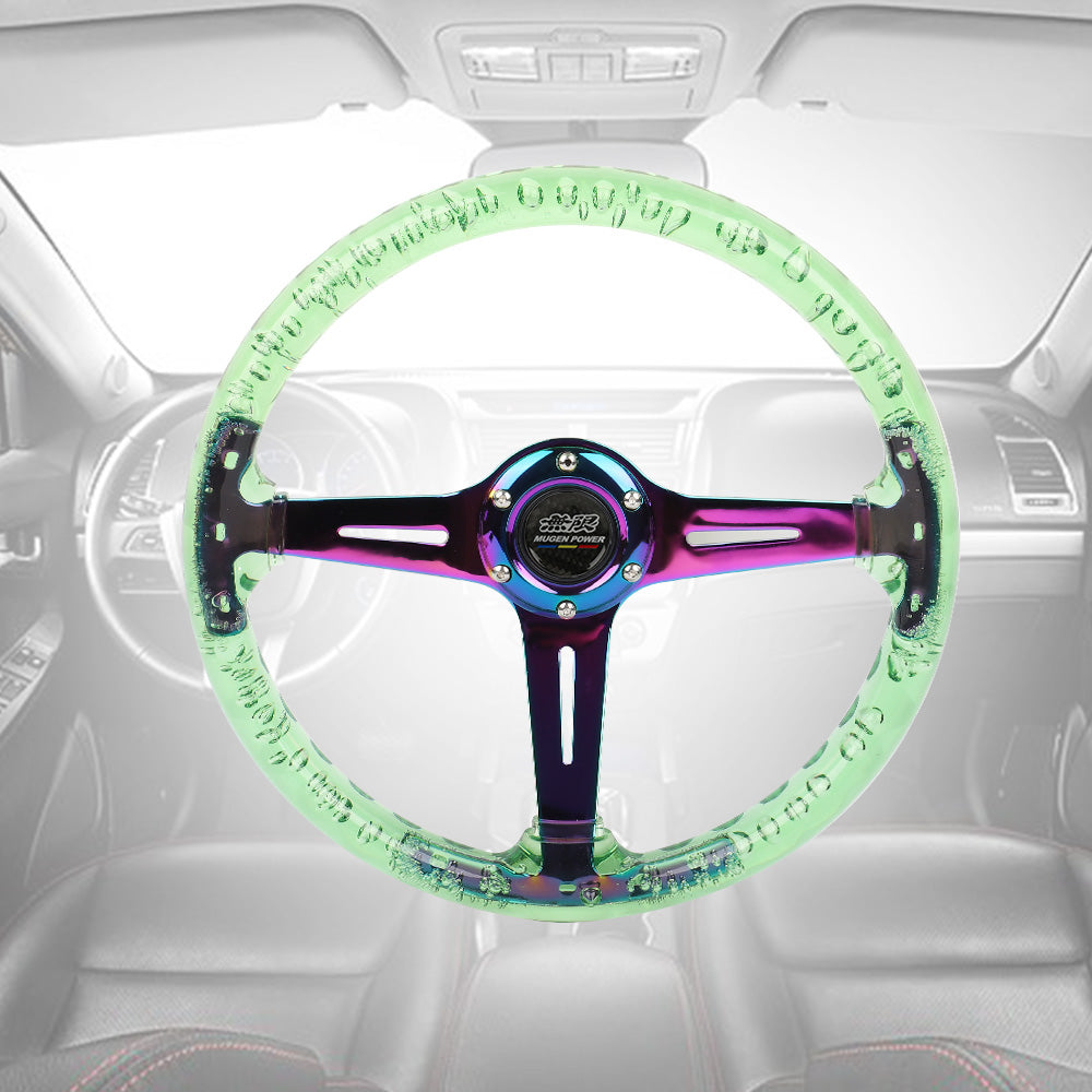 Brand New JDM Mugen Universal 6-Hole 350mm Deep Dish Vip Green Crystal Bubble Neo Spoke Steering Wheel