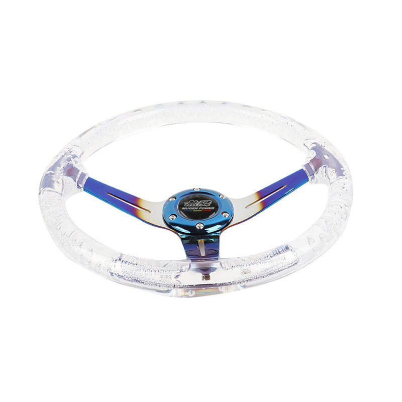 Brand New JDM Mugen Universal 6-Hole 350mm Deep Dish Vip Clear Crystal Bubble Burnt Blue Spoke Steering Wheel