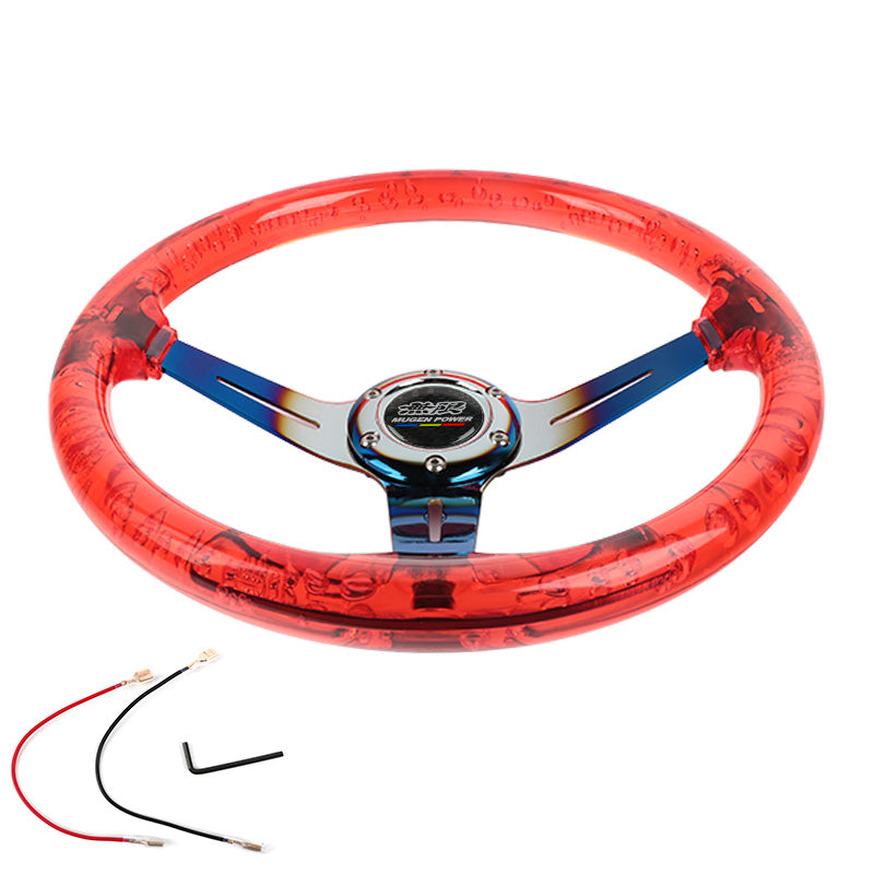 Brand New JDM Mugen Universal 6-Hole 350mm Deep Dish Vip Red Crystal Bubble Burnt Blue Spoke Steering Wheel