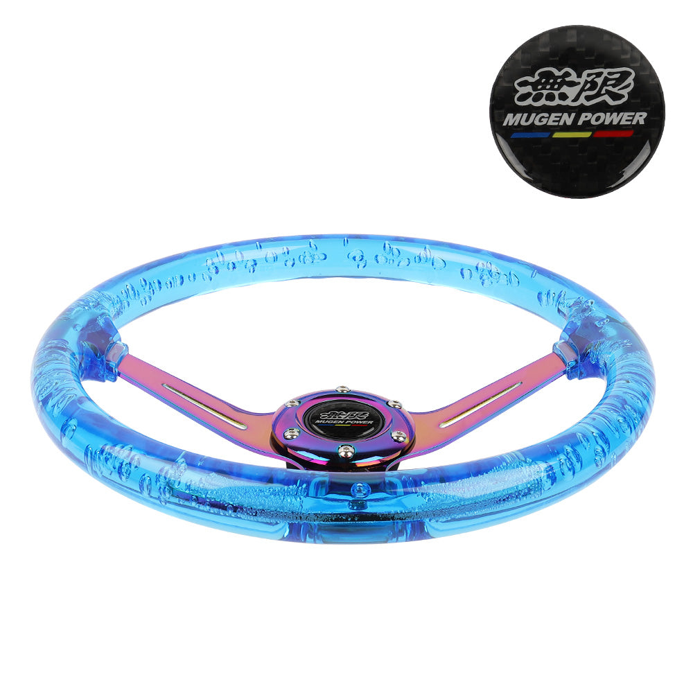 Brand New JDM Mugen Universal 6-Hole 350mm Deep Dish Vip Blue Crystal Bubble Neo Spoke Steering Wheel