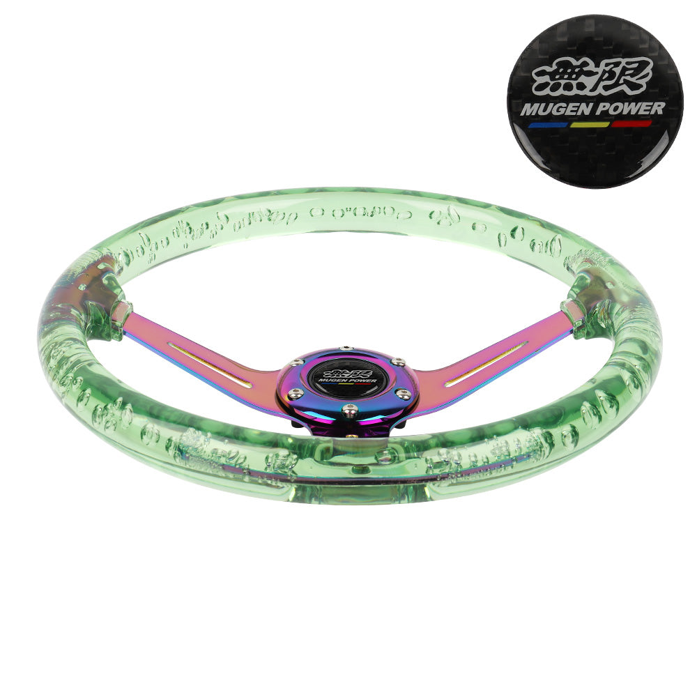 Brand New JDM Mugen Universal 6-Hole 350mm Deep Dish Vip Green Crystal Bubble Neo Spoke Steering Wheel