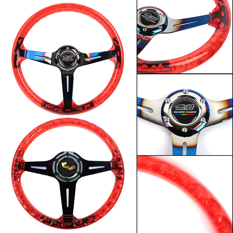 Brand New JDM Mugen Universal 6-Hole 350mm Deep Dish Vip Red Crystal Bubble Burnt Blue Spoke Steering Wheel
