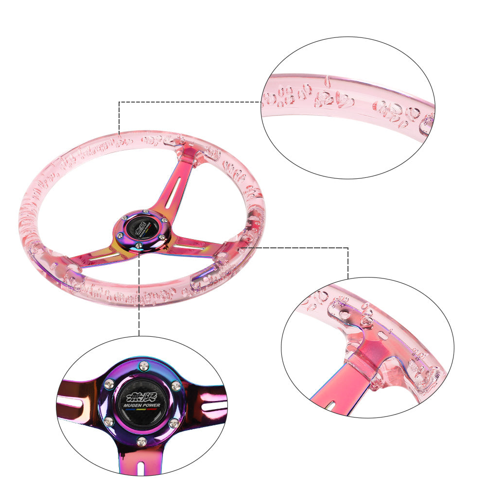 Brand New JDM Mugen Universal 6-Hole 350mm Deep Dish Vip Pink Crystal Bubble Neo Spoke Steering Wheel