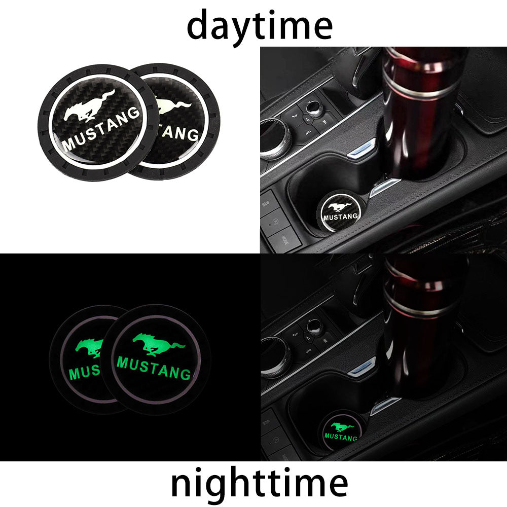 Brand New 2PCS Mustang Glows In The Dark Green Real Carbon Fiber Car Cup Holder Pad Water Cup Slot Non-Slip Mat Universal