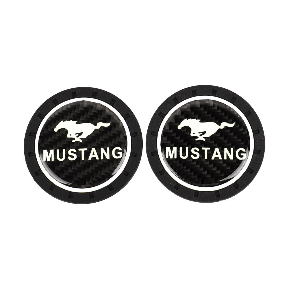 Brand New 2PCS Mustang Glows In The Dark Green Real Carbon Fiber Car Cup Holder Pad Water Cup Slot Non-Slip Mat Universal