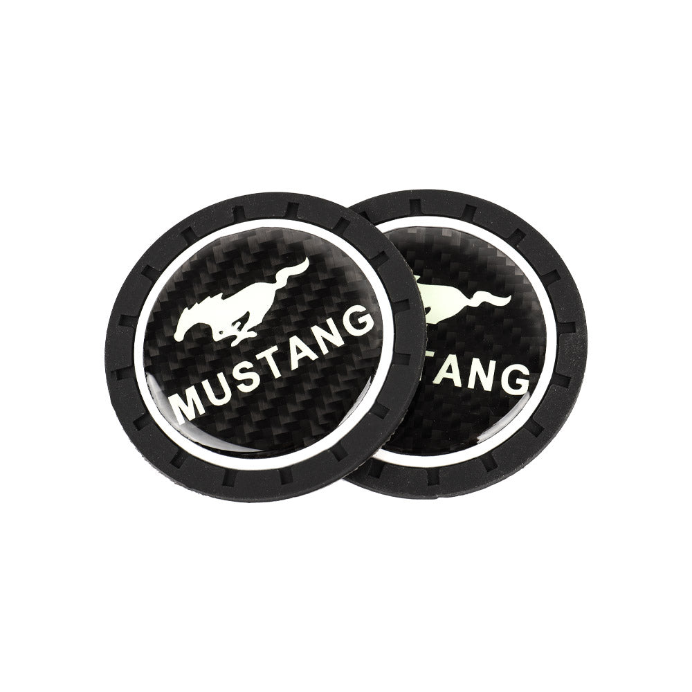 Brand New 2PCS Mustang Glows In The Dark Green Real Carbon Fiber Car Cup Holder Pad Water Cup Slot Non-Slip Mat Universal