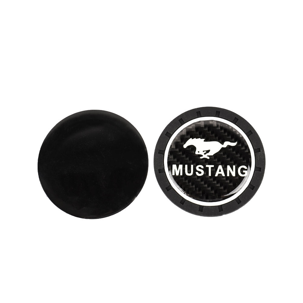 Brand New 2PCS Mustang Glows In The Dark Green Real Carbon Fiber Car Cup Holder Pad Water Cup Slot Non-Slip Mat Universal