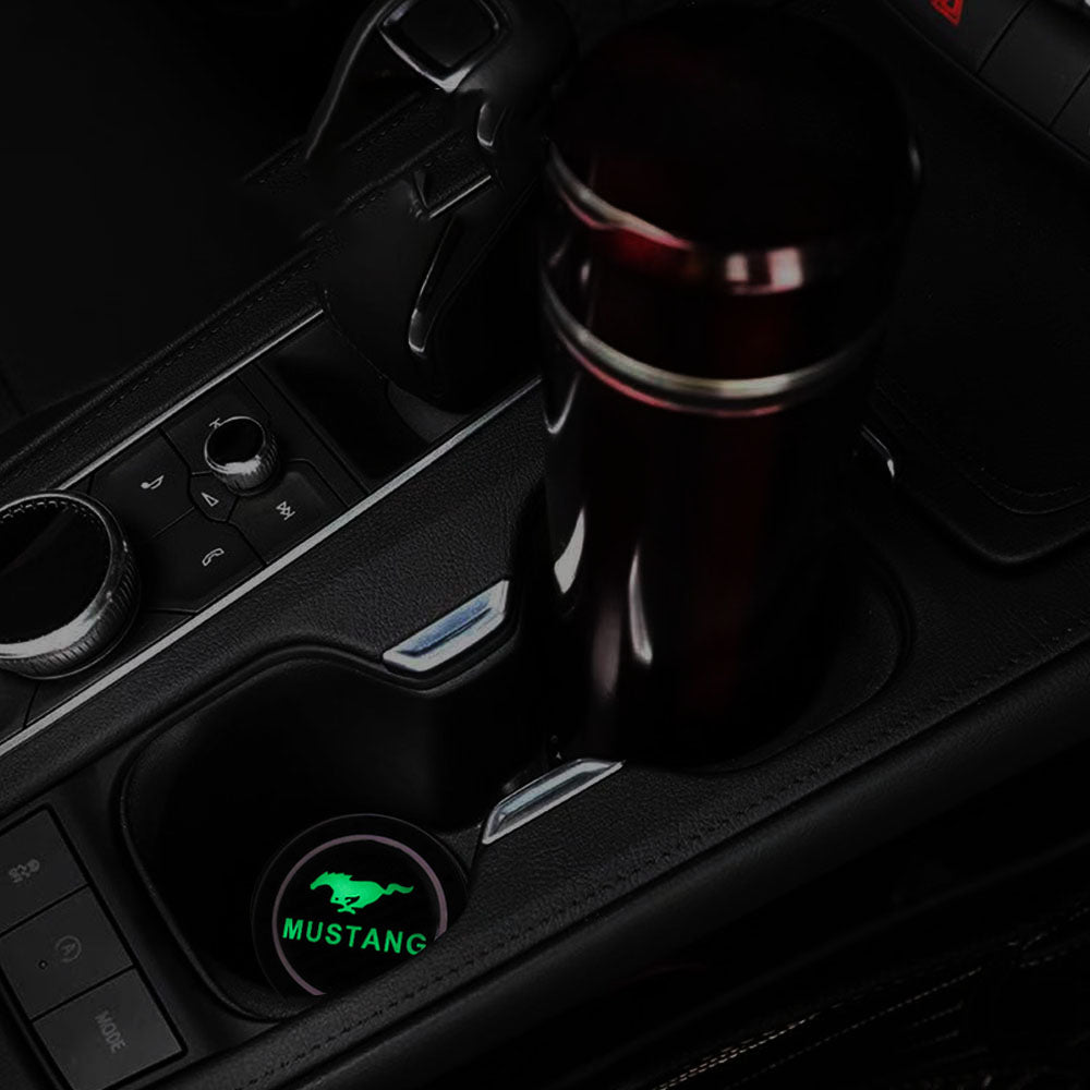 Brand New 2PCS Mustang Glows In The Dark Green Real Carbon Fiber Car Cup Holder Pad Water Cup Slot Non-Slip Mat Universal