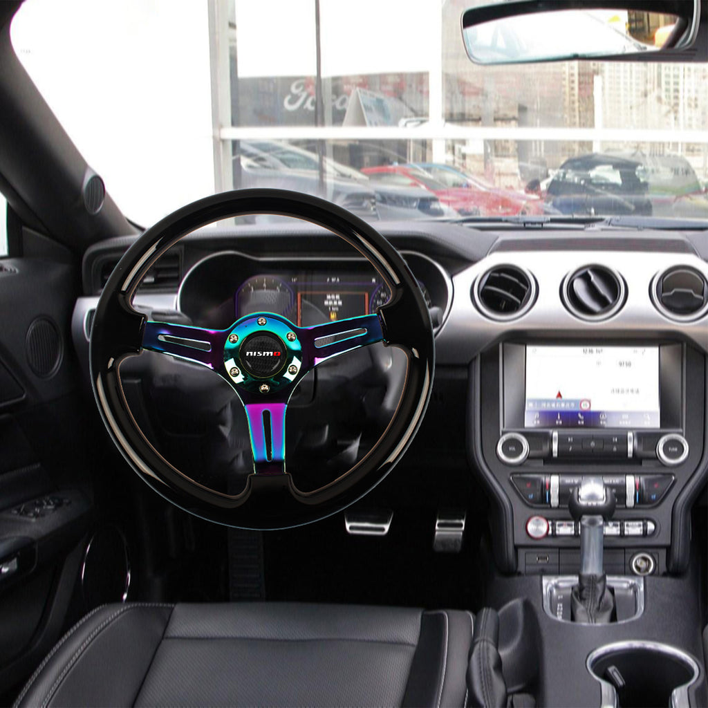Brand New 350mm 14" Universal JDM Nismo Deep Dish ABS Racing Steering Wheel Black With Neo-Chrome Spoke