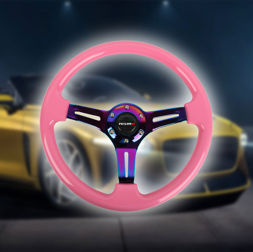 Brand New 350mm 14" Universal JDM NISMO Deep Dish ABS Racing Steering Wheel Pink With Neo-Chrome Spoke