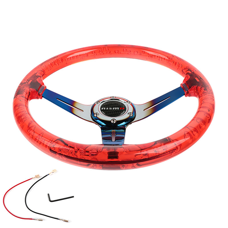 Brand New JDM Nismo Universal 6-Hole 350mm Deep Dish Vip Red Crystal Bubble Burnt Blue Spoke Steering Wheel