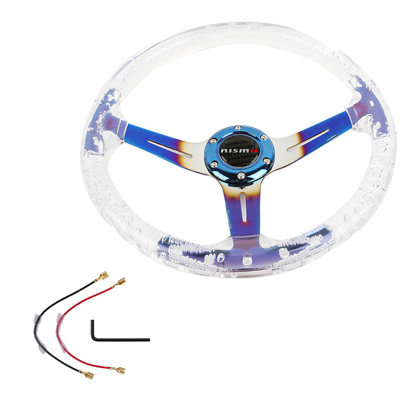 Brand New JDM Nismo Universal 6-Hole 350mm Deep Dish Vip Clear Crystal Bubble Burnt Blue Spoke Steering Wheel