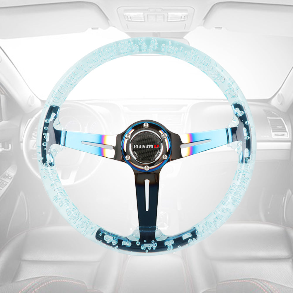 Brand New JDM Nismo Universal 6-Hole 350mm Deep Dish Vip Teal Crystal Bubble Burnt Blue Spoke Steering Wheel
