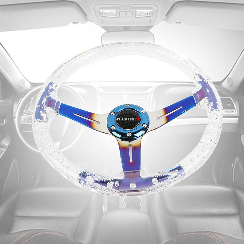 Brand New JDM Nismo Universal 6-Hole 350mm Deep Dish Vip Clear Crystal Bubble Burnt Blue Spoke Steering Wheel