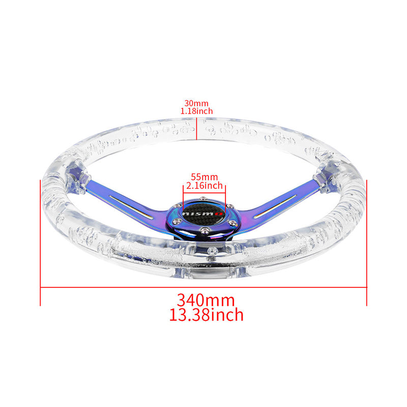 Brand New JDM Nismo Universal 6-Hole 350mm Deep Dish Vip Clear Crystal Bubble Burnt Blue Spoke Steering Wheel