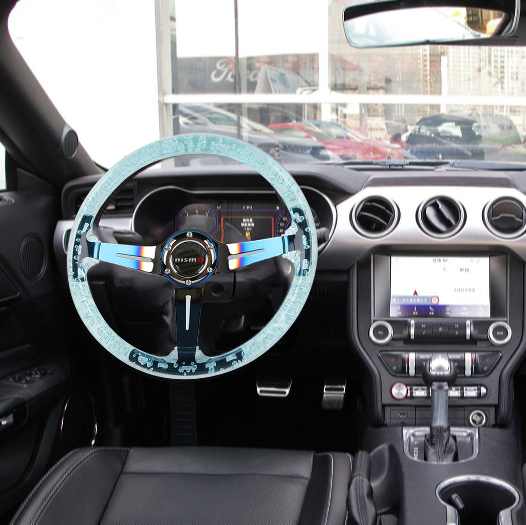 Brand New JDM Nismo Universal 6-Hole 350mm Deep Dish Vip Teal Crystal Bubble Burnt Blue Spoke Steering Wheel