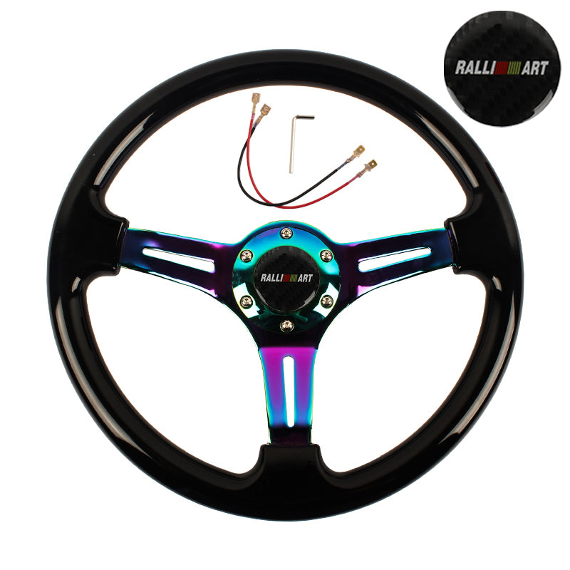 Brand New 350mm 14" Universal JDM Ralliart Deep Dish ABS Racing Steering Wheel Black With Neo-Chrome Spoke