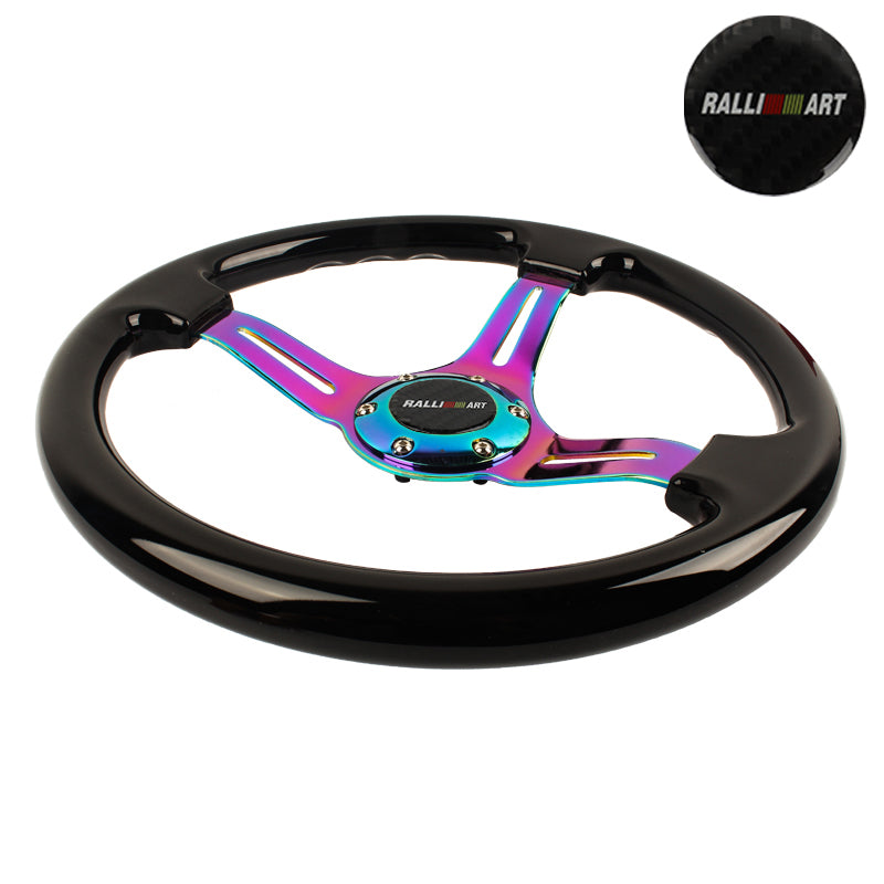 Brand New 350mm 14" Universal JDM Ralliart Deep Dish ABS Racing Steering Wheel Black With Neo-Chrome Spoke