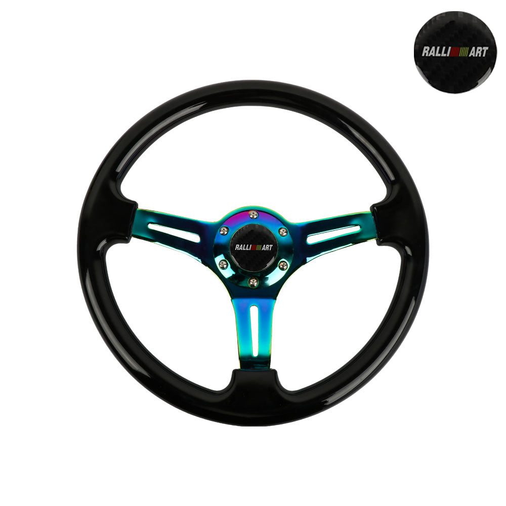 Brand New 350mm 14" Universal JDM Ralliart Deep Dish ABS Racing Steering Wheel Black With Neo-Chrome Spoke