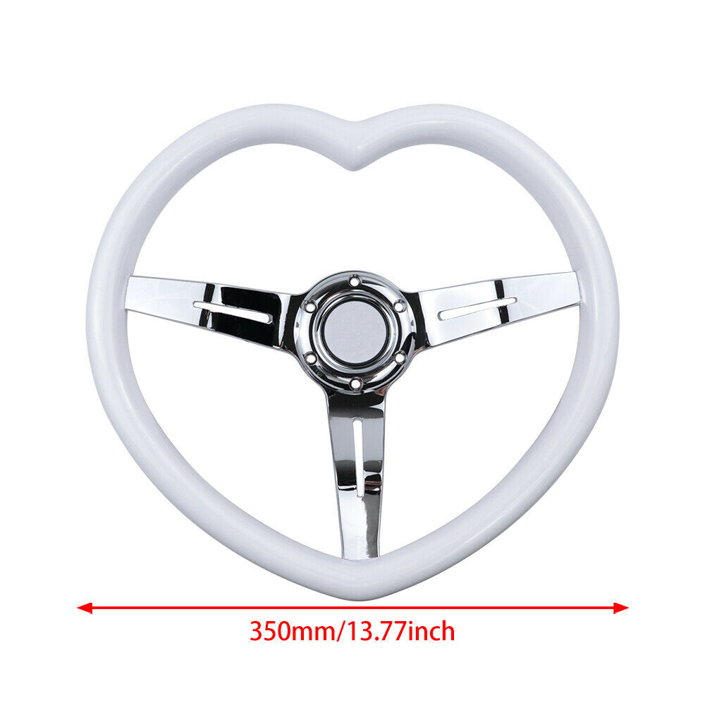 Brand New 350mm/13.77" Universal Heart Shaped White ABS Racing Steering Wheel Chrome Spoke