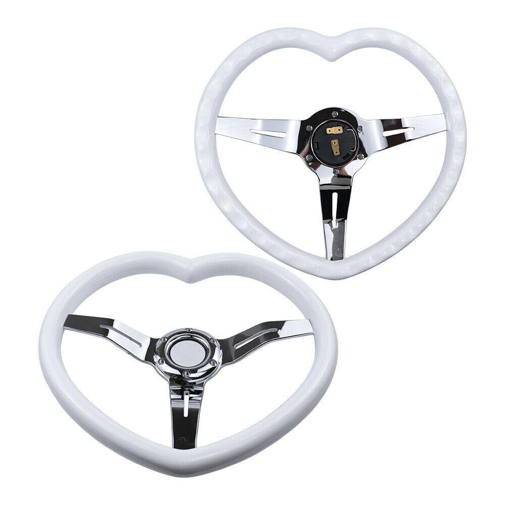 Brand New 350mm/13.77" Universal Heart Shaped White ABS Racing Steering Wheel Chrome Spoke