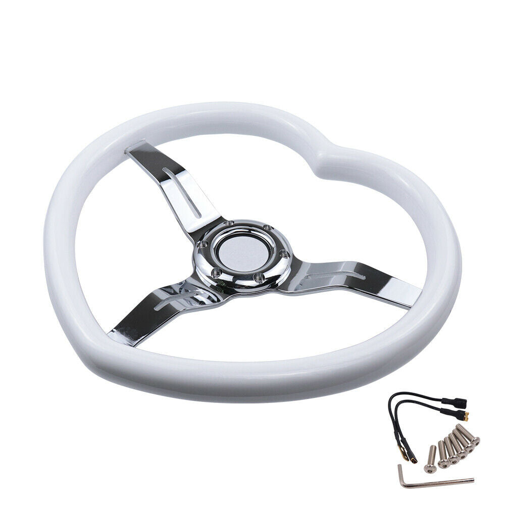 Brand New 350mm/13.77" Universal Heart Shaped White ABS Racing Steering Wheel Chrome Spoke