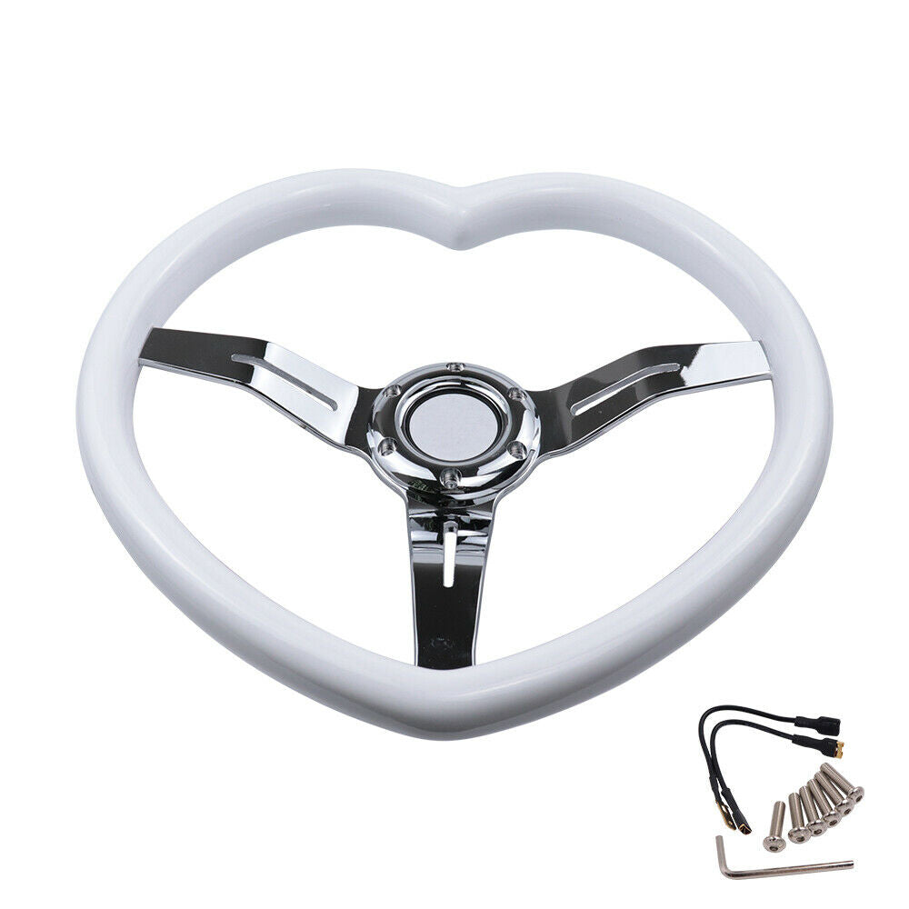 Brand New 350mm/13.77" Universal Heart Shaped White ABS Racing Steering Wheel Chrome Spoke