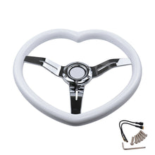 Load image into Gallery viewer, Brand New 350mm/13.77&quot; Universal Heart Shaped White ABS Racing Steering Wheel Chrome Spoke