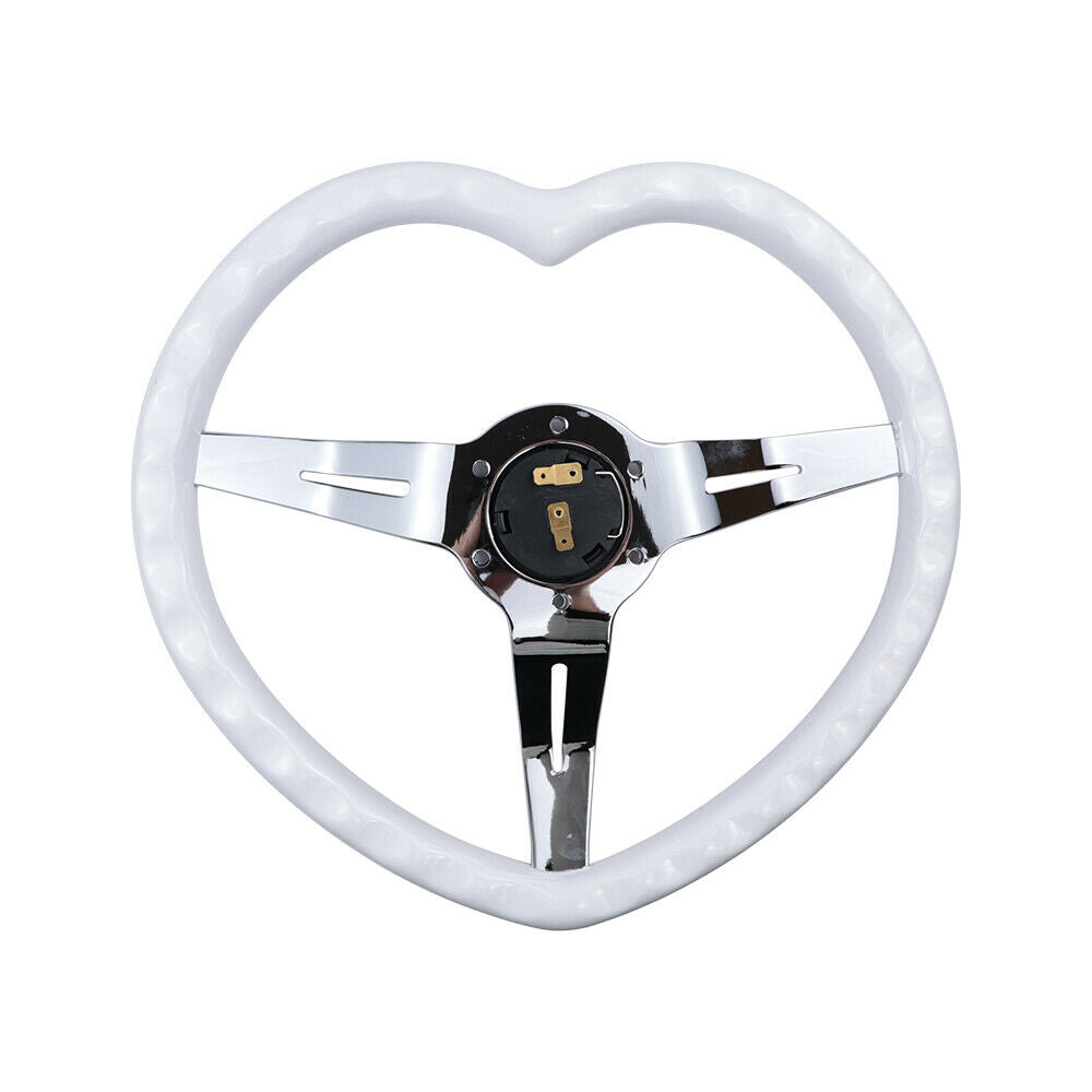 Brand New 350mm/13.77" Universal Heart Shaped White ABS Racing Steering Wheel Chrome Spoke