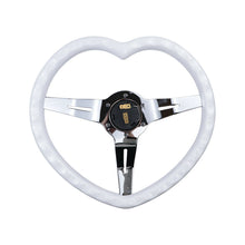 Load image into Gallery viewer, Brand New 350mm/13.77&quot; Universal Heart Shaped White ABS Racing Steering Wheel Chrome Spoke