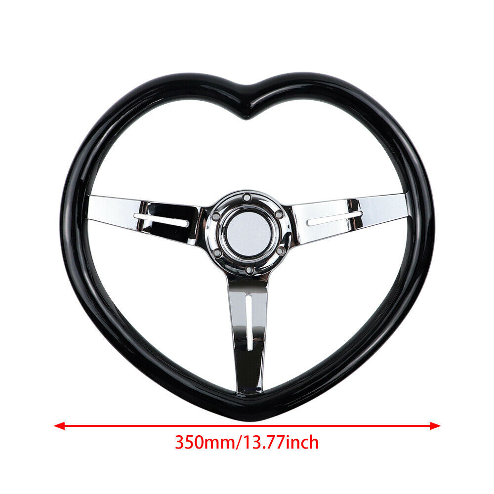 Brand New 350mm/13.77" Universal Heart Shaped Black ABS Racing Steering Wheel Chrome Spoke