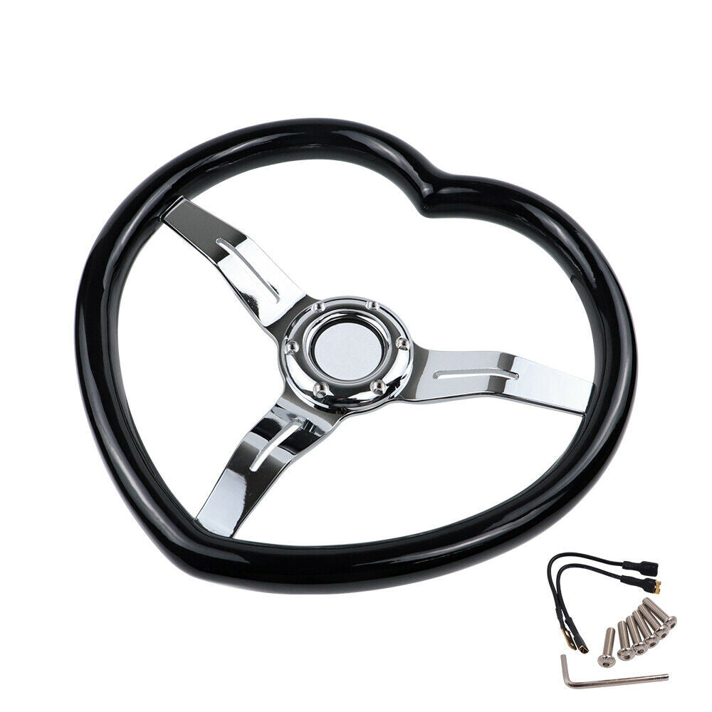 Brand New 350mm/13.77" Universal Heart Shaped Black ABS Racing Steering Wheel Chrome Spoke