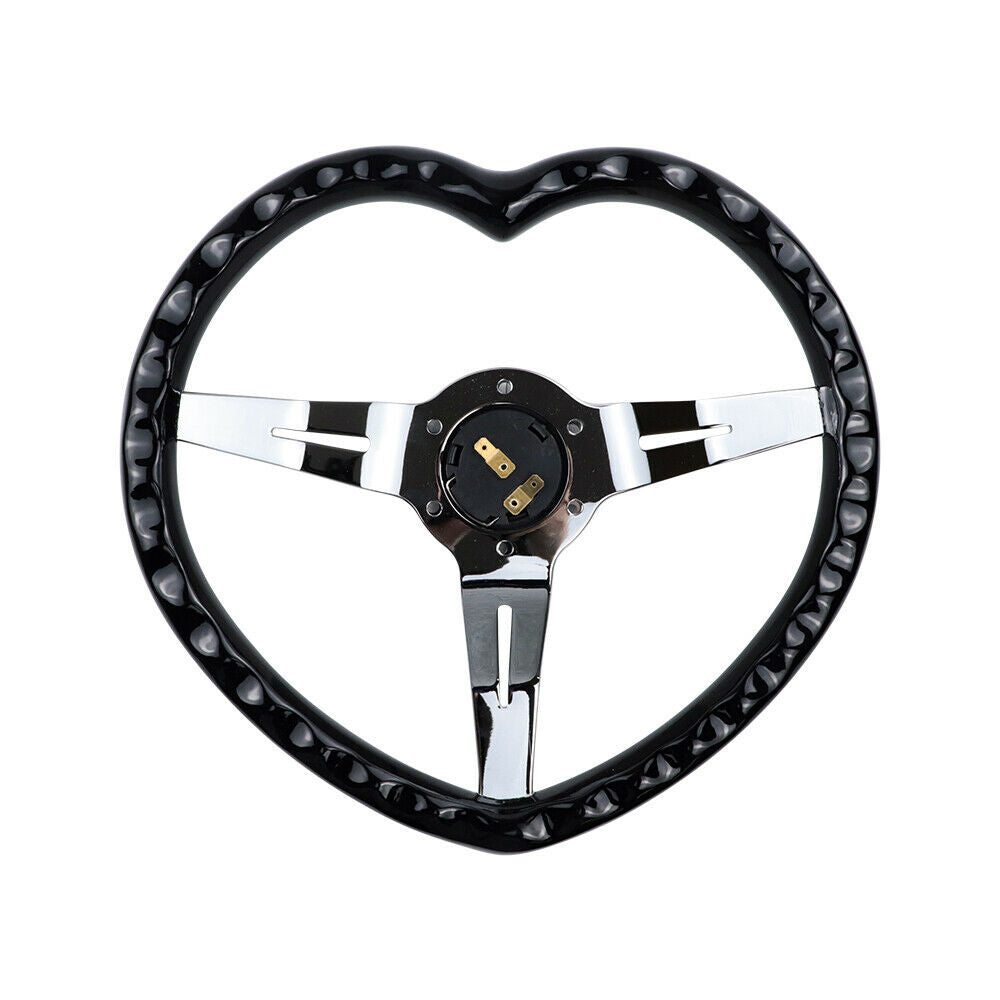 Brand New 350mm/13.77" Universal Heart Shaped Black ABS Racing Steering Wheel Chrome Spoke