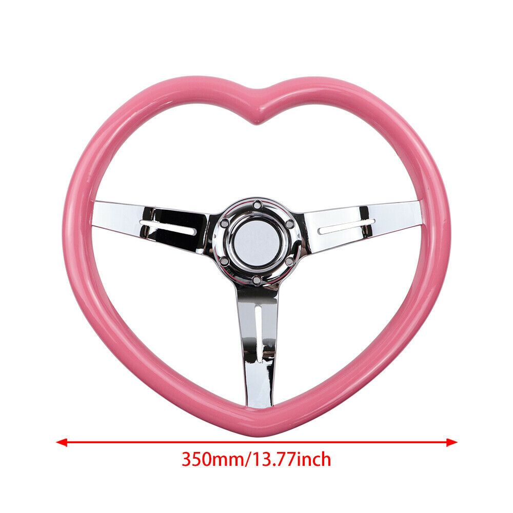 Brand New 350mm 13.77" Universal Heart Shaped Pink ABS Racing Steering Wheel Chrome Spoke