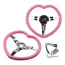 Load image into Gallery viewer, Brand New 350mm 13.77&quot; Universal Heart Shaped Pink ABS Racing Steering Wheel Chrome Spoke