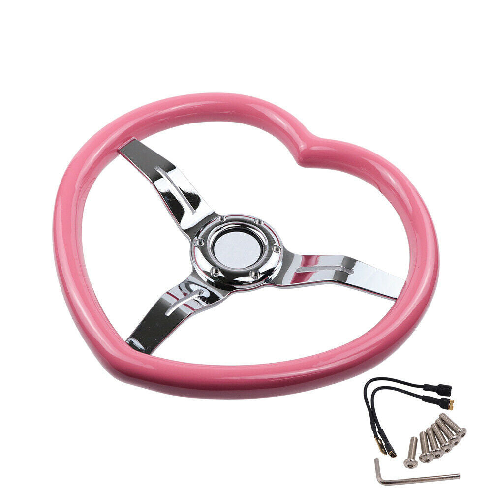 Brand New 350mm 13.77" Universal Heart Shaped Pink ABS Racing Steering Wheel Chrome Spoke