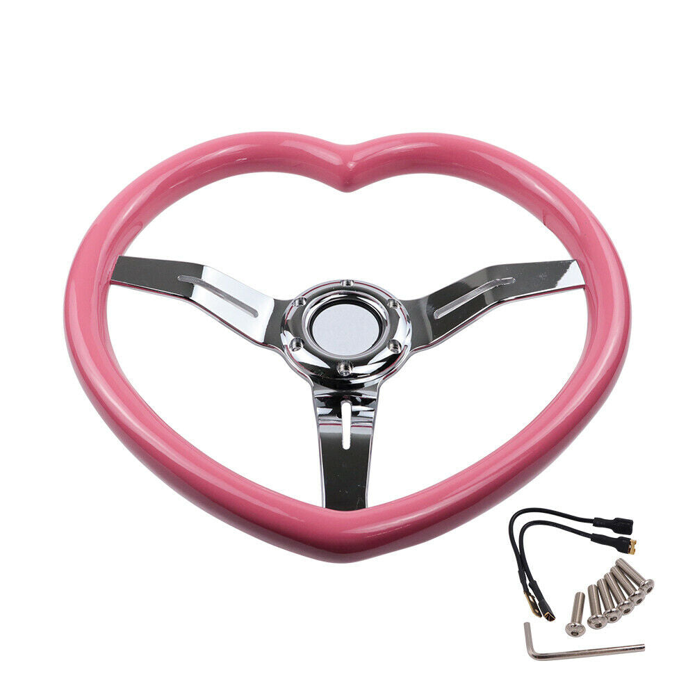 Brand New 350mm 13.77" Universal Heart Shaped Pink ABS Racing Steering Wheel Chrome Spoke