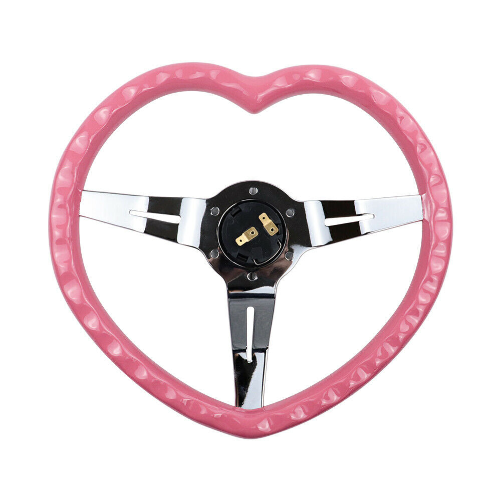 Brand New 350mm 13.77" Universal Heart Shaped Pink ABS Racing Steering Wheel Chrome Spoke