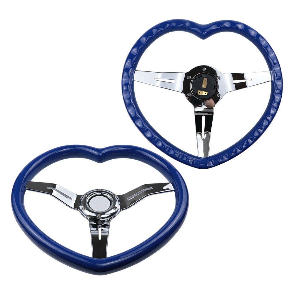 Brand New 350mm 13.77" Universal Heart Shaped Blue ABS Racing Steering Wheel Chrome Spoke