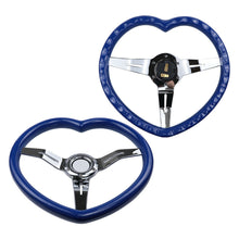 Load image into Gallery viewer, Brand New 350mm 13.77&quot; Universal Heart Shaped Blue ABS Racing Steering Wheel Chrome Spoke