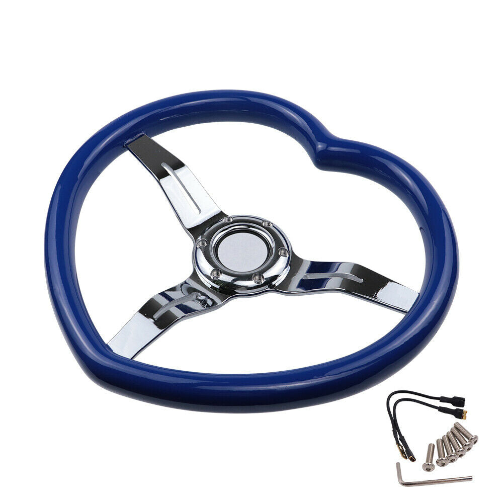 Brand New 350mm 13.77" Universal Heart Shaped Blue ABS Racing Steering Wheel Chrome Spoke