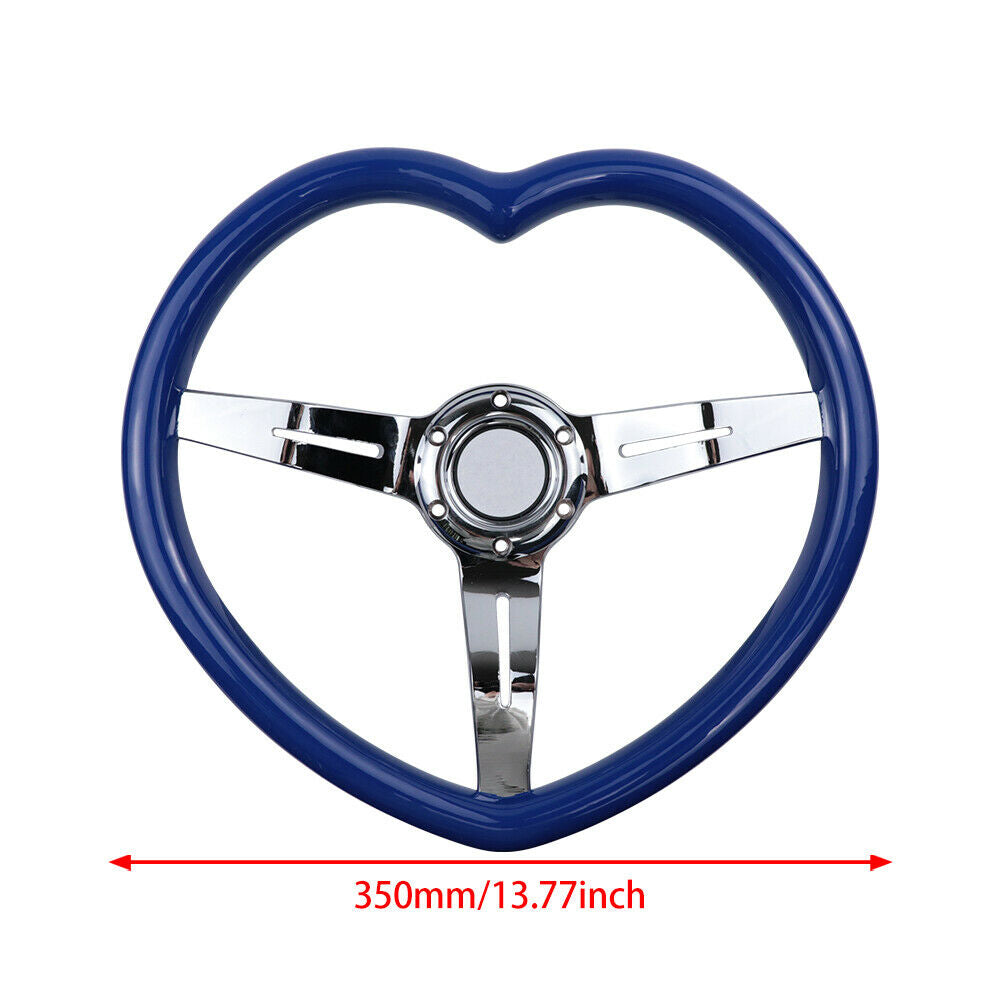 Brand New 350mm 13.77" Universal Heart Shaped Blue ABS Racing Steering Wheel Chrome Spoke