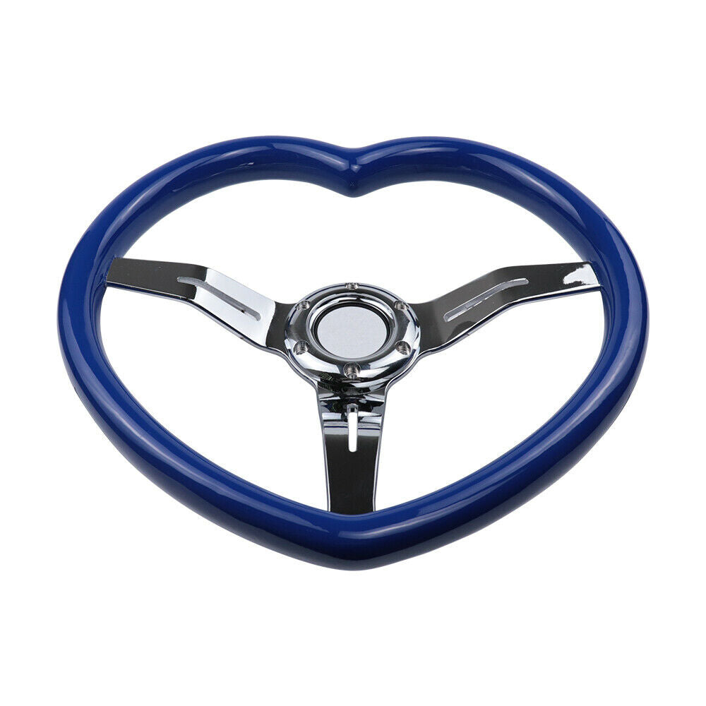 Brand New 350mm 13.77" Universal Heart Shaped Blue ABS Racing Steering Wheel Chrome Spoke