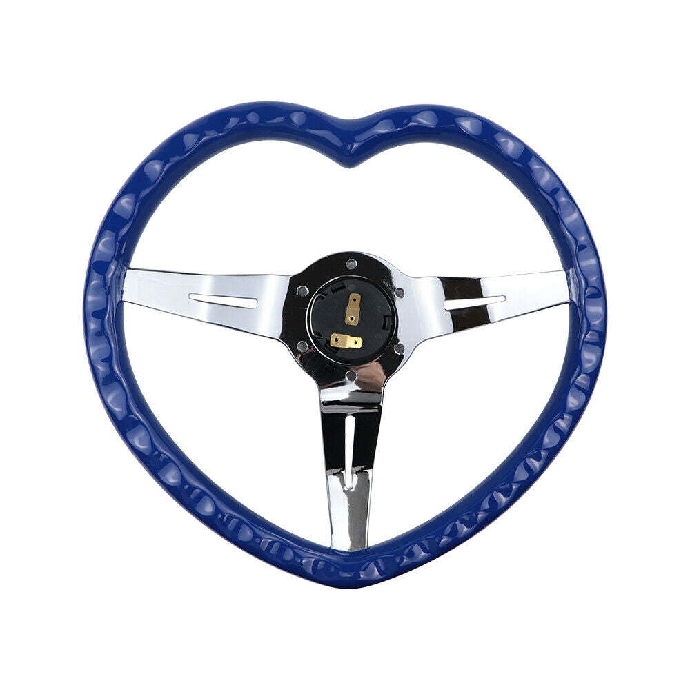 Brand New 350mm 13.77" Universal Heart Shaped Blue ABS Racing Steering Wheel Chrome Spoke